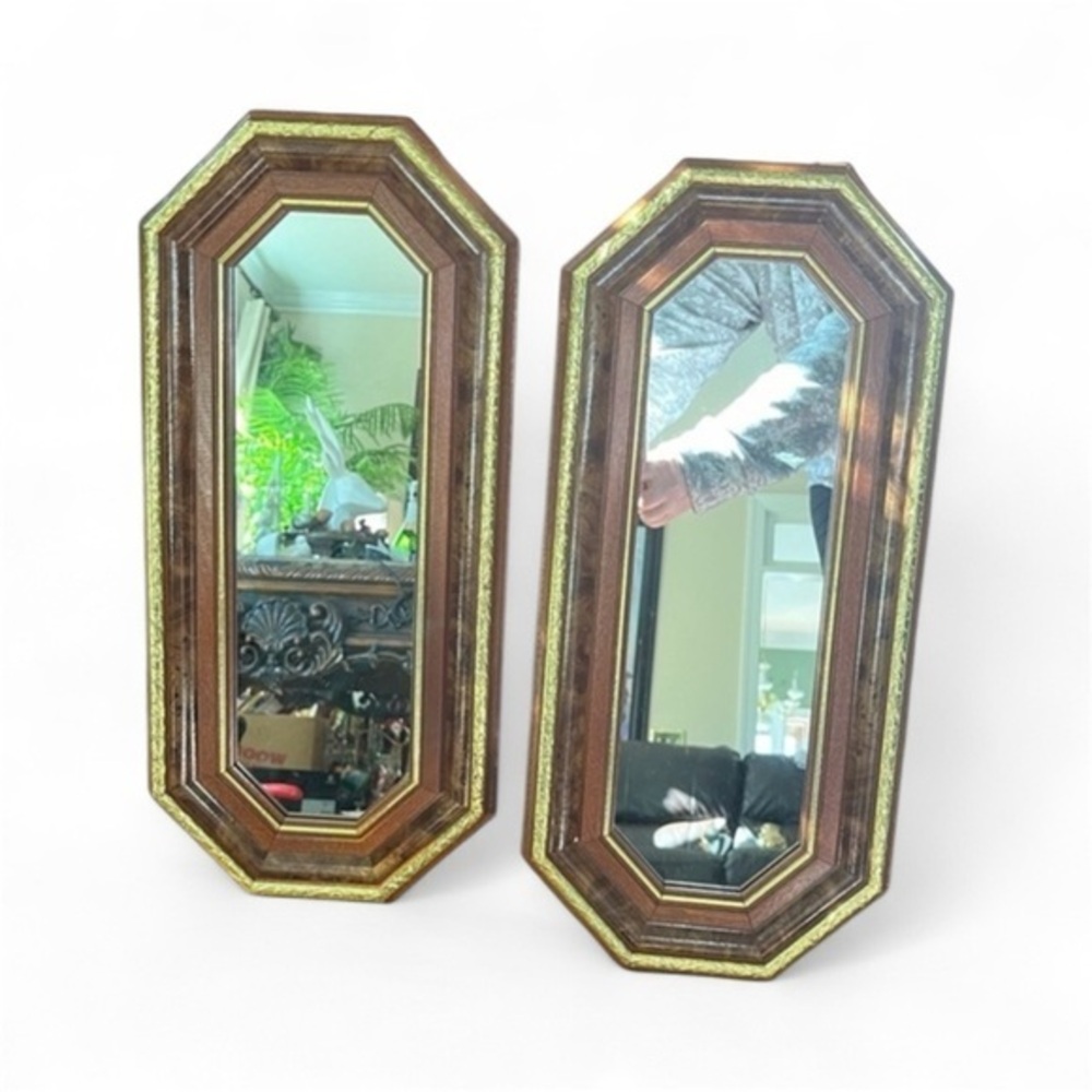 Vintage Octagon Mirror Wood with Gold Trim 18-1/2” X 8-1/2” Set Of 2
